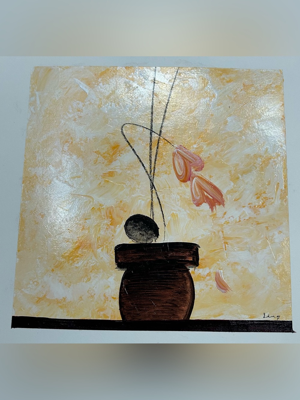 Abstract Floral Pot Painting - Brown & Peach Canvas 12x12”